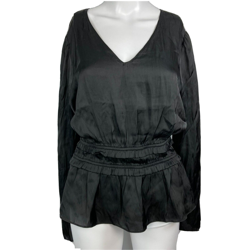 NWT Lush Shirt Womens L Black Satin V Neck Ruffle Peplum Long Sleeve Popover Top